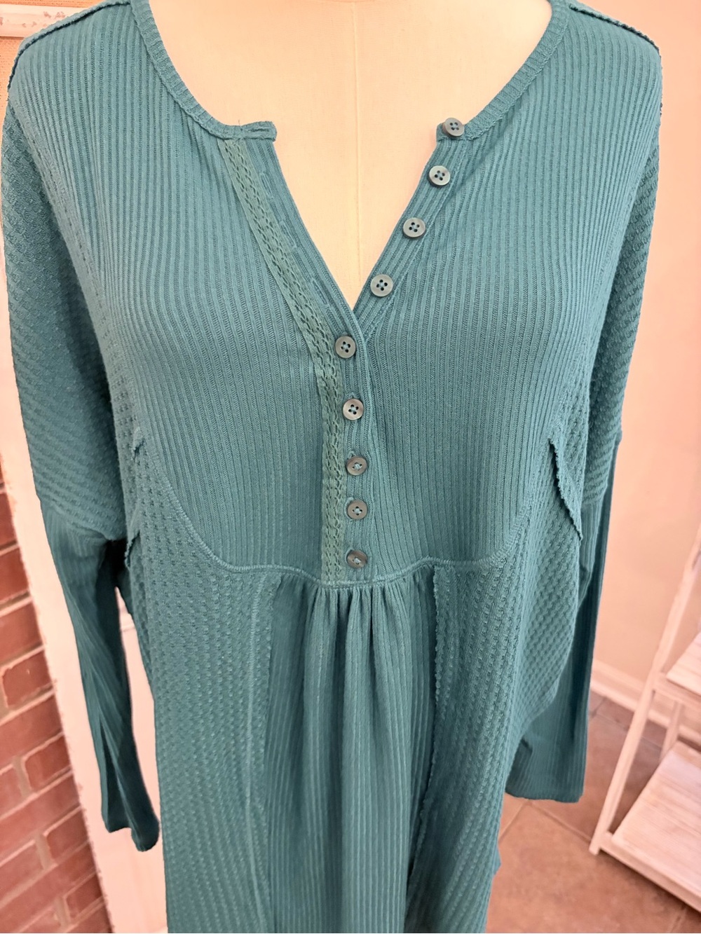 Free People NWT Teal Waffle Knit Ribbed Henley Oversized Tunic Top S - Picture 2 of 7